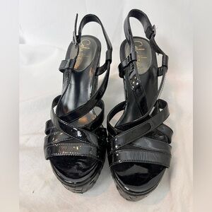 Cole Haan black patent leather wedge sandals size 7